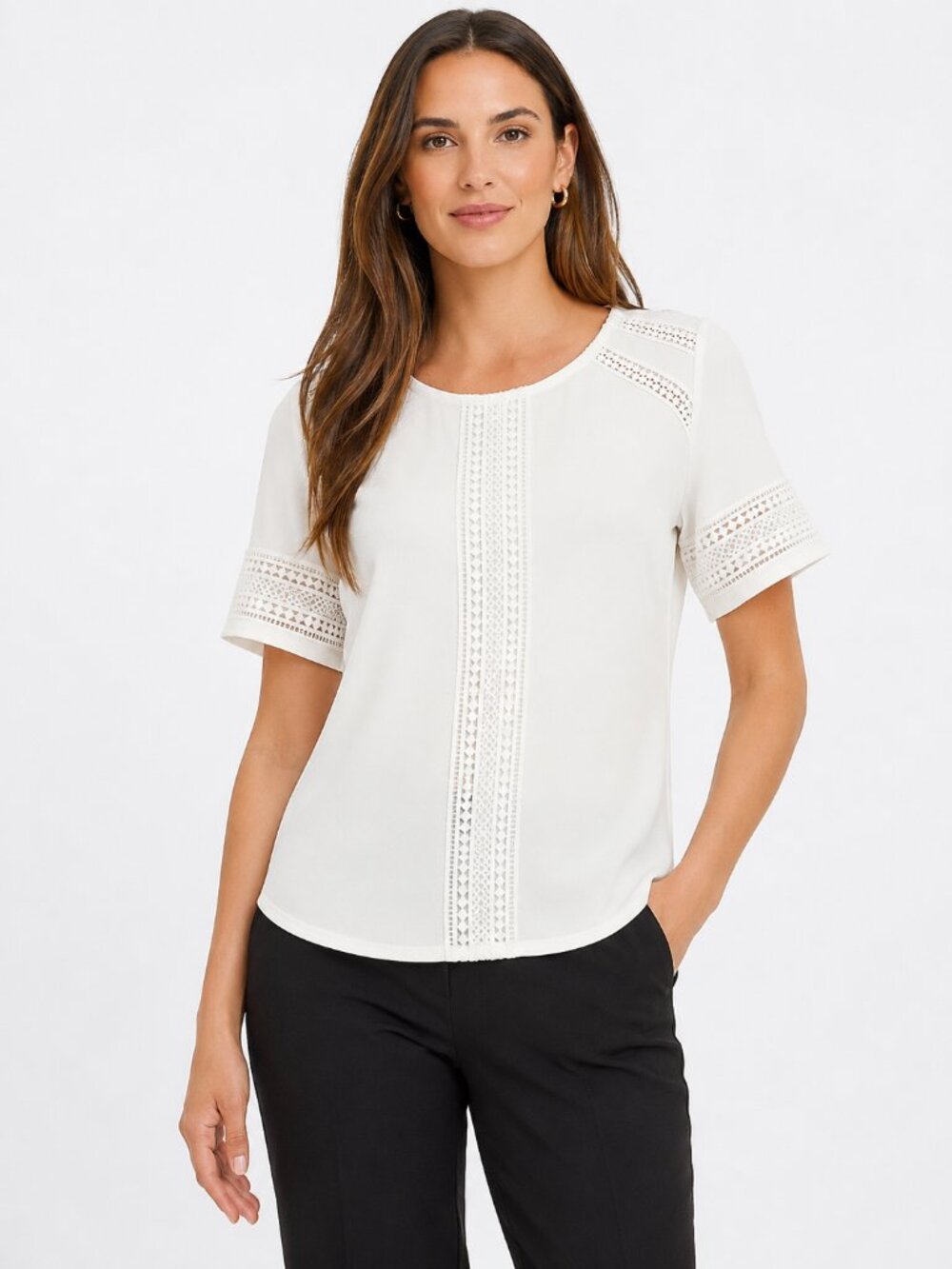 CLEO White Lace Trim Blouse Medium | Stretch Short Sleeve Career Top